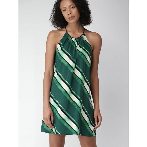 Forever 21 Contemporary Green Striped Halter Keyhole Sleeveless Mini Dress XS - Picture 16 of 16